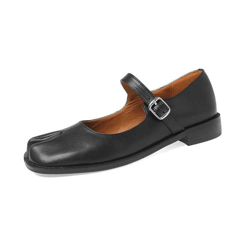 Sapatos femininos Mary Jane Soft Leather Trotter boca rasa fundo plano e bico dividido