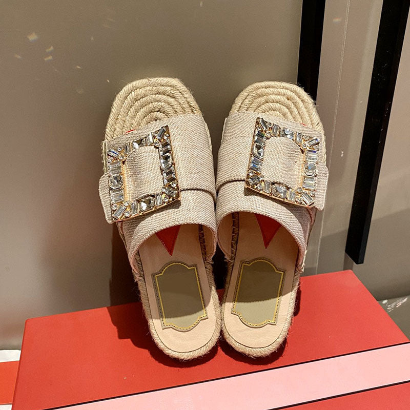 Pantuflas de cáñamo con hebilla cuadrada y diamantes de imitación para mujer