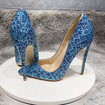 Zapatos de boda de tacón alto con lentejuelas azules para uso diario