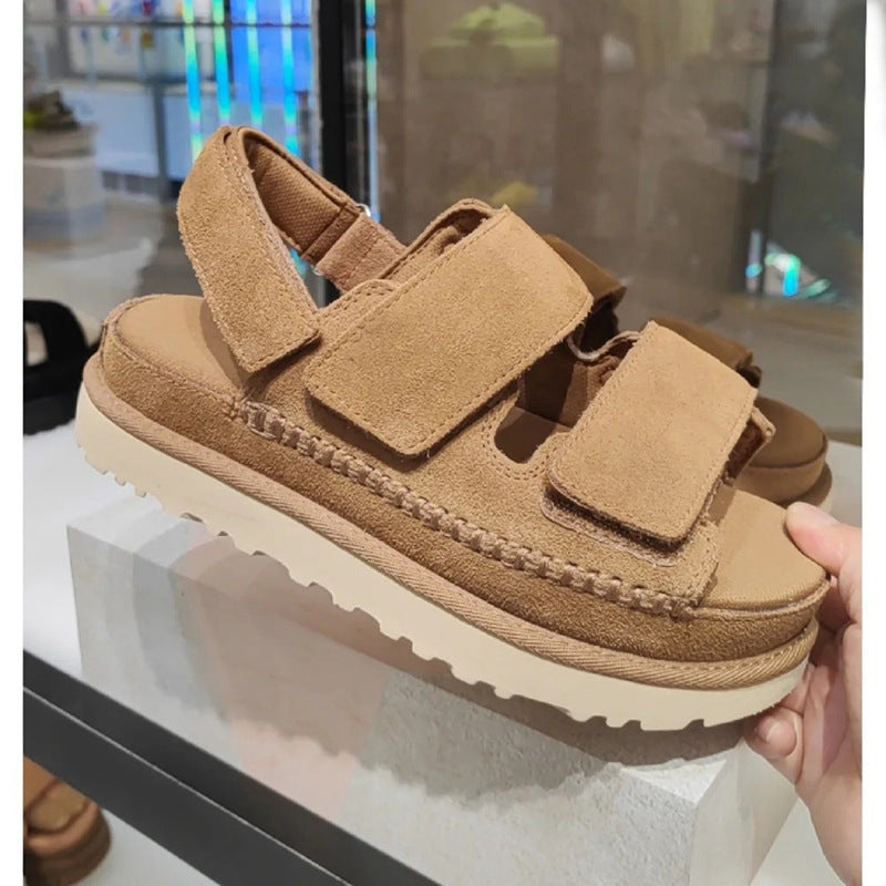 Sandalias de velcro con tiras gruesas en la parte inferior de cuero genuino para mujer, de primavera y verano, con punta abierta y aumento de altura