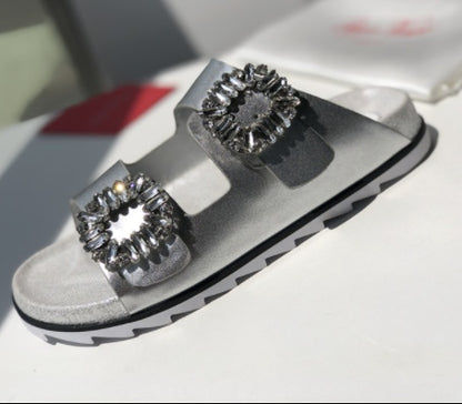 RV Rhinestone Square Buckle Leather Slippers Outer Wear Women's  Toe Double Ring Strap Flat Sandals