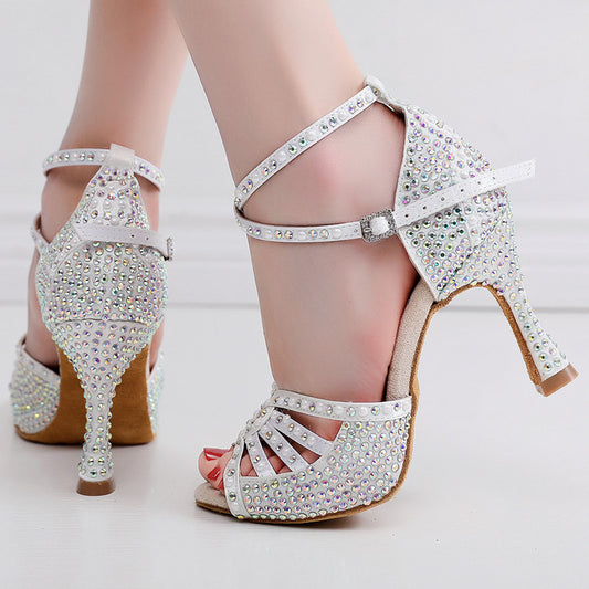 Zapatos de baile latino con tacón alto y suela suave de diamantes de imitación para mujer