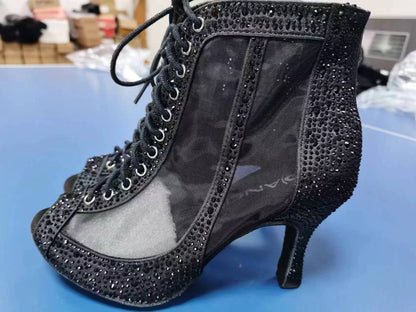 Zapatos de baile latino con diamantes de imitación para mujer adulta, tacón medio alto