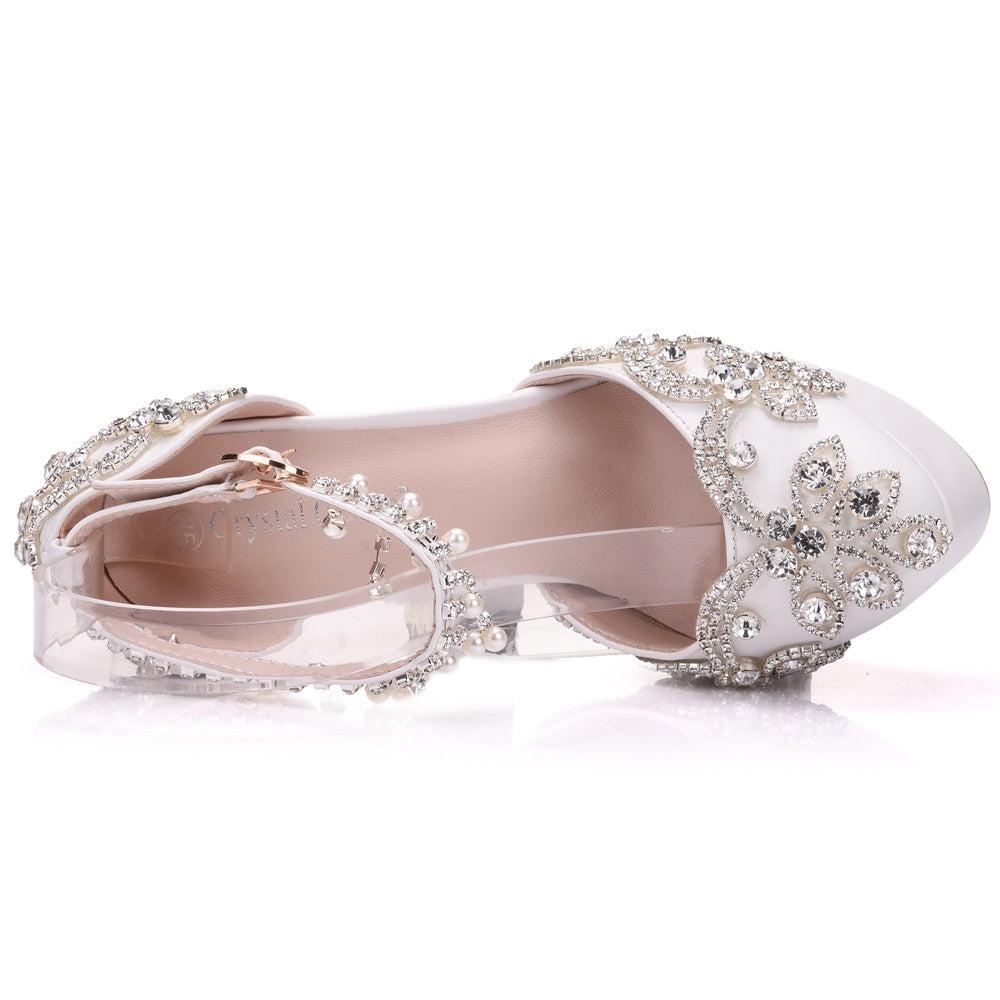 Sapatos de casamento de strass branco de tamanho grande, sapatos individuais para mulheres, sandálias de salto alto com borlas e plataforma à prova d'água, cinto de palavra