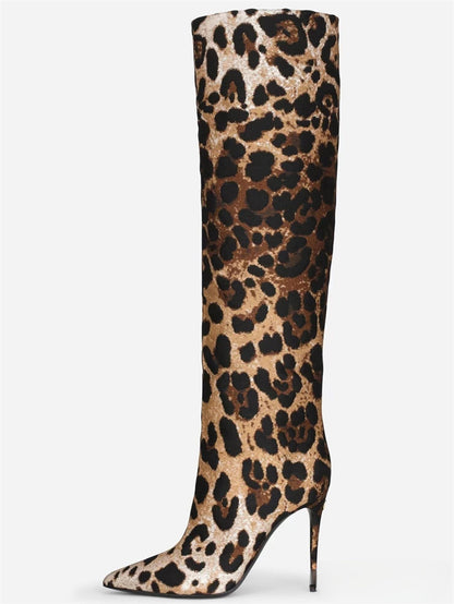 Botas femininas de salto agulha com estampa de leopardo e salto agulha