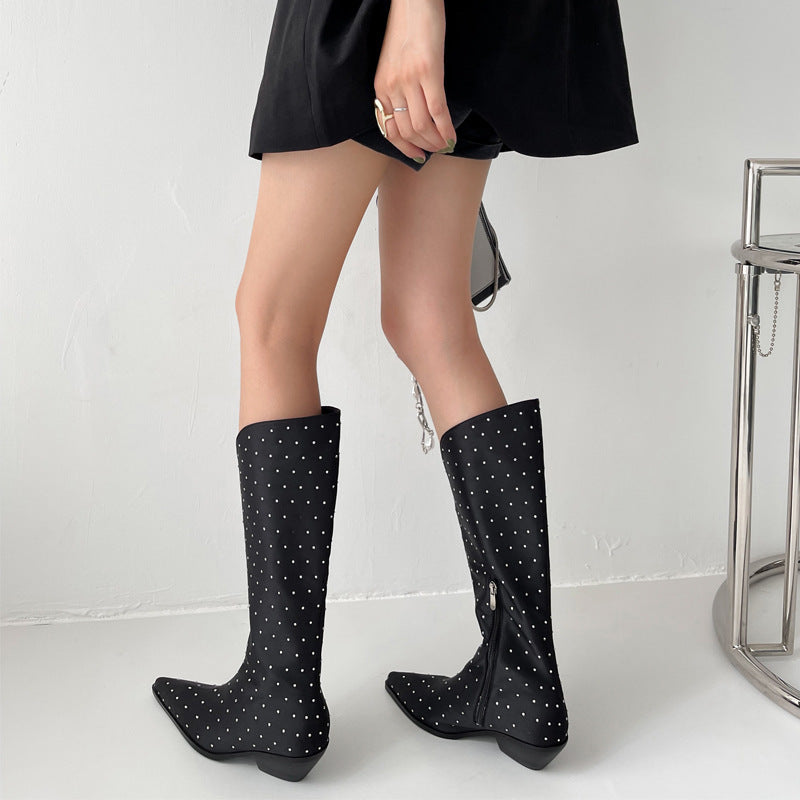 Botas altas con remaches, punta puntiaguda, tacón medio, cremallera lateral, moda para mujer