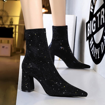 Botas de tacón grueso para mujer con punta puntiaguda y tacones altos con diamantes de imitación