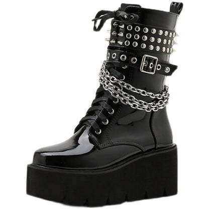 Autumn And Winter New Patent Leather Rivet High Heel Platform Martin Boots