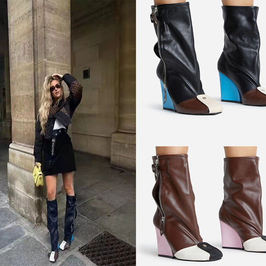 Botas de tubo corto de tacón alto para mujer en otoño e invierno