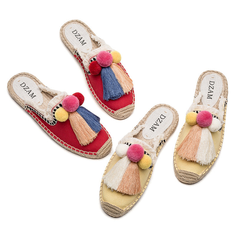 Fringed Straw Slippers Casual Lazy Fur Ball Linen Flat