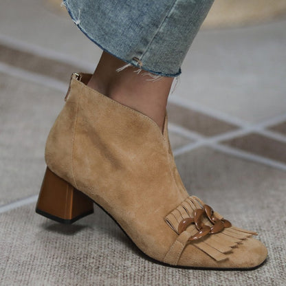 Botas francesas com franjas nude V Botas femininas Outono e inverno mais veludo