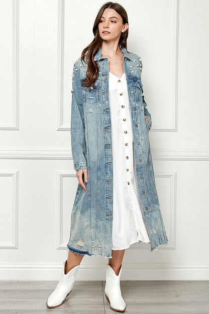 Veveret Full Size Distressed Raw Hem Pearl Detail Button Up Jacket