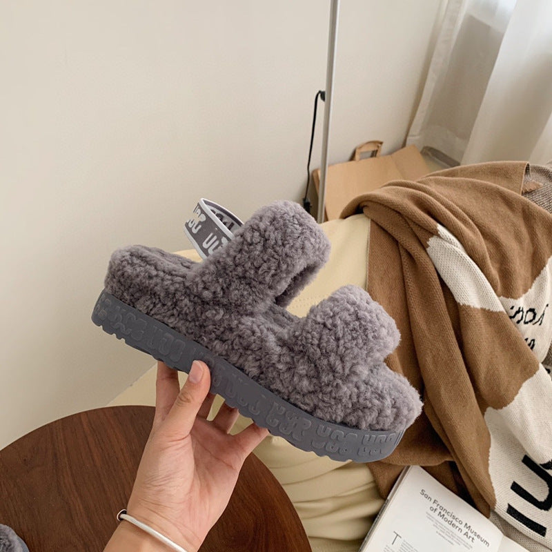 Pantuflas de plataforma de bizcocho de lana de peluche peluda para otoño e invierno