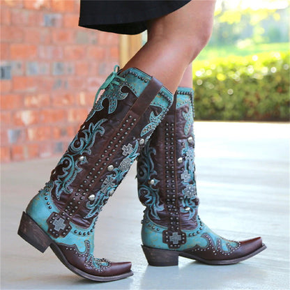 Women's Pointed Thick Heel Embroidered Printed Lace-up Mid-tube Boots