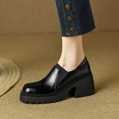 Retro Style Single Shoes Chunky Heel Platform Slipon