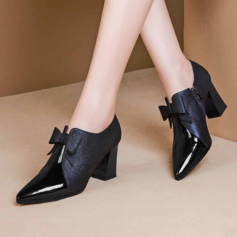 Thick-heel Pointed Deep-mouth Single Shoes Color Matching Large Bow High-heeled Shoes