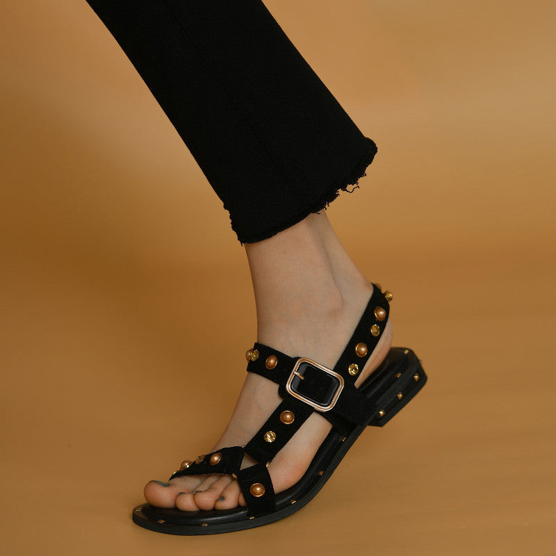 Sandalias planas negras y naranjas estilo romano para mujer