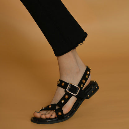 Sandalias planas negras y naranjas estilo romano para mujer