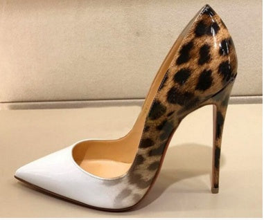 Tacones altos de moda sexy con estampado de leopardo y boca poco profunda y puntiaguda fina con colores a juego