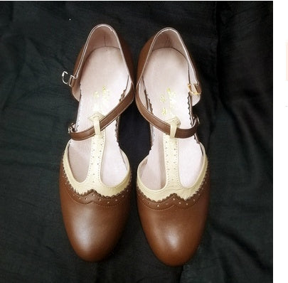 Zapatos de tiras para mujer de piel marrón claro estilo retro