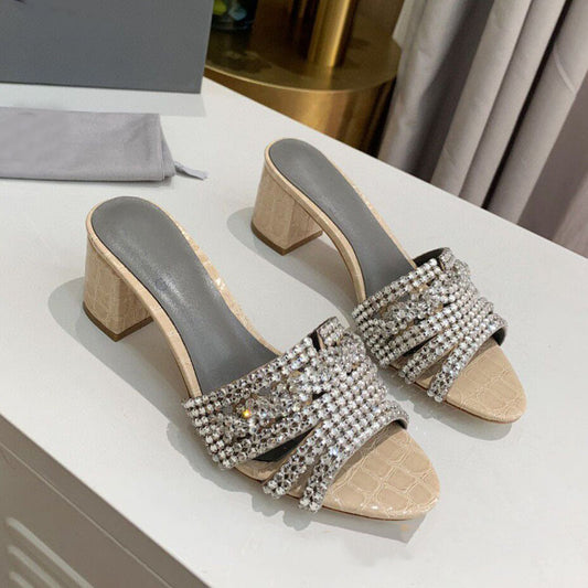 Tacones altos de microfibra con diamantes de imitación y punta redonda para mujer