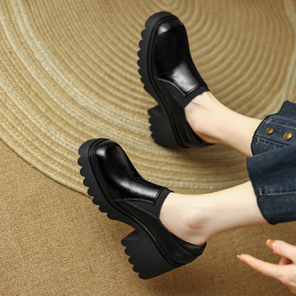 Retro Style Single Shoes Chunky Heel Platform Slipon