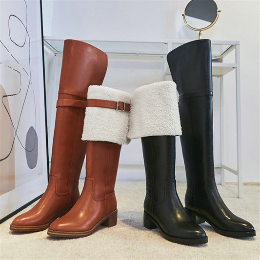 Botas altas femininas de lã com lapela e dois saltos