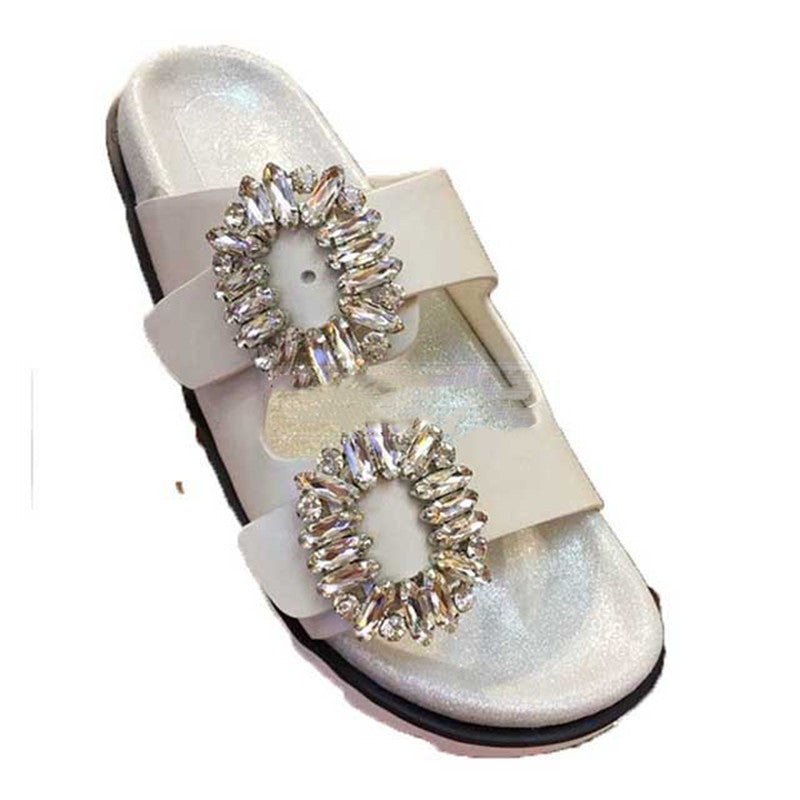 Sandalias planas de cuero con hebilla cuadrada y diamantes de imitación para mujer