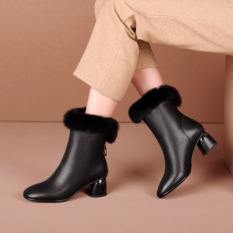 Wool Lining Fashion Boots Autumn And Winter New Leather Ankle Boots