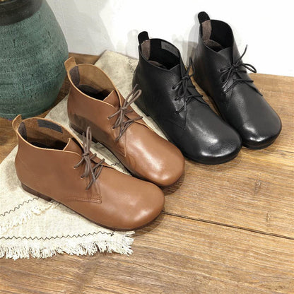 Botas curtas de couro artesanais artísticas, cabeça redonda de renda feminina retrô Sen