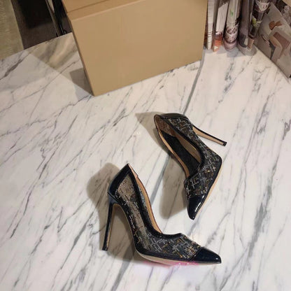 Tacones de aguja de malla sexy con costuras para mujer con punta puntiaguda