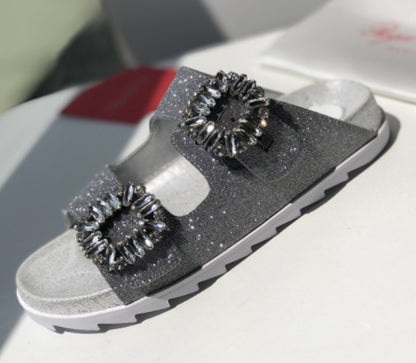 RV Rhinestone Square Buckle Leather Slippers Outer Wear Women's  Toe Double Ring Strap Flat Sandals