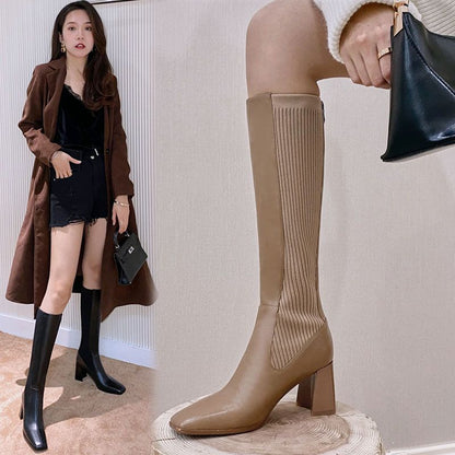 Botas de tacón alto con cremallera trasera de punto para mujer de moda