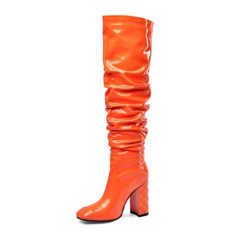 Botas por encima de la rodilla de color naranja con tacón grueso de nueva moda para mujer