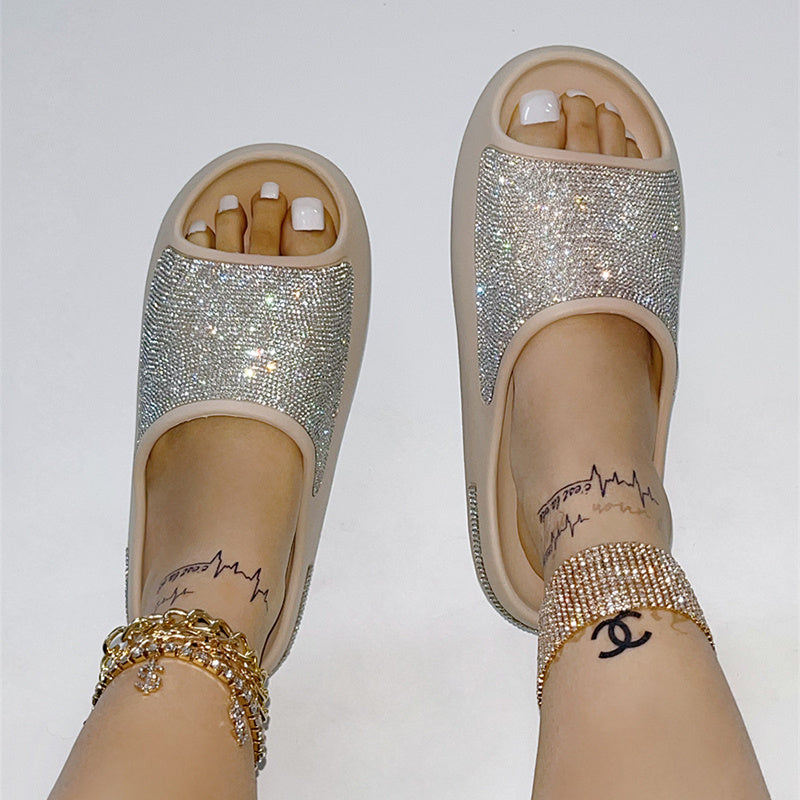 Chinelos de strass femininos peeptoe sola grossa sapatos moda slides verão