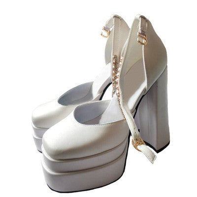 High-heeled Double-layer Water Platform Satin Square Toe Hollow Ladies Toe Sandals Sheepskin Rhinestones