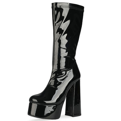 Fashion Patent Leather Super High Heel Single Boots With Thick Toe