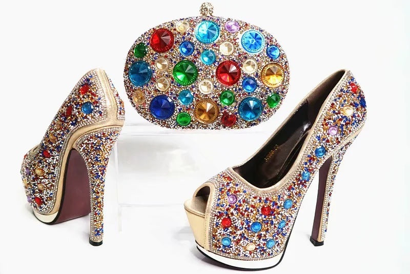 Stiletto Pointed Fish Mouth High Heels Rubber Spot Rhinestone Dinner Bag