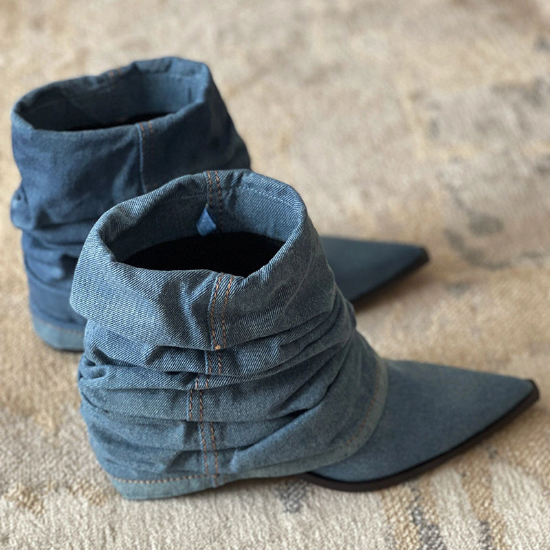 Botas cortas de mezclilla plisadas, gruesas y modernas para mujer