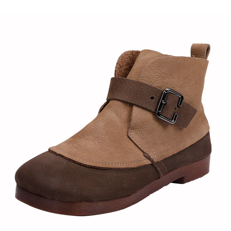 Botas de mujer de piel auténtica estilo étnico con correa de hebilla y punta redonda planas nuevas botas de mujer hechas a mano para otoño e invierno