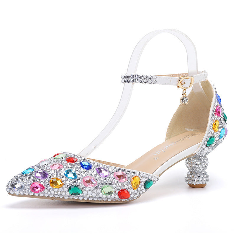 Zapatos de mujer de verano de caña baja, nuevos, de color azul, con tacón de calabaza puntiagudo y diamantes de imitación, a la moda, para banquetes de boda