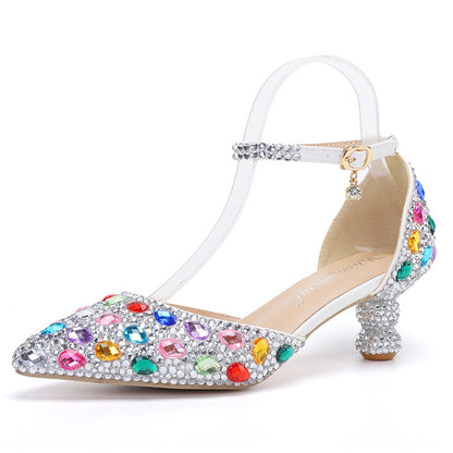 Zapatos de mujer de verano de caña baja, nuevos, de color azul, con tacón de calabaza puntiagudo y diamantes de imitación, a la moda, para banquetes de boda