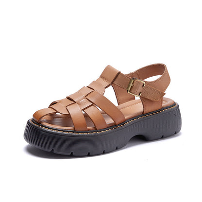 Sandalias de Cuero para Mujer Verano Nuevas Retro Huecas