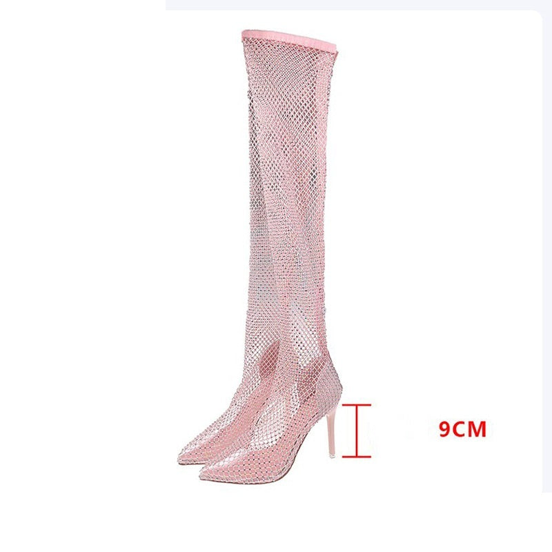 High-heel Stiletto Rubber Sole High-top Over-the-knee Rhinestone Mesh High-heeled Shoes