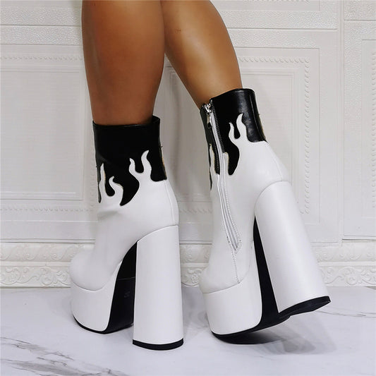 Botas cortas góticas de tacón grueso con llamas y tacón muy alto para mujer, talla grande 47