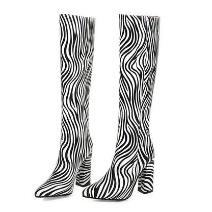 Fashion Animal Print Long Barrel Knight Boots Female  Knee-high Thick High-heeled Boots