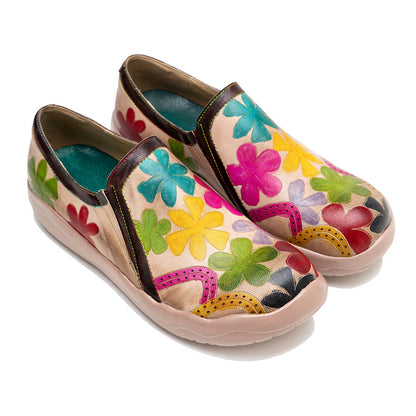 Zapatos de mujer con suela ligera, retro, hechos a mano y tacón plano con estampado vintage