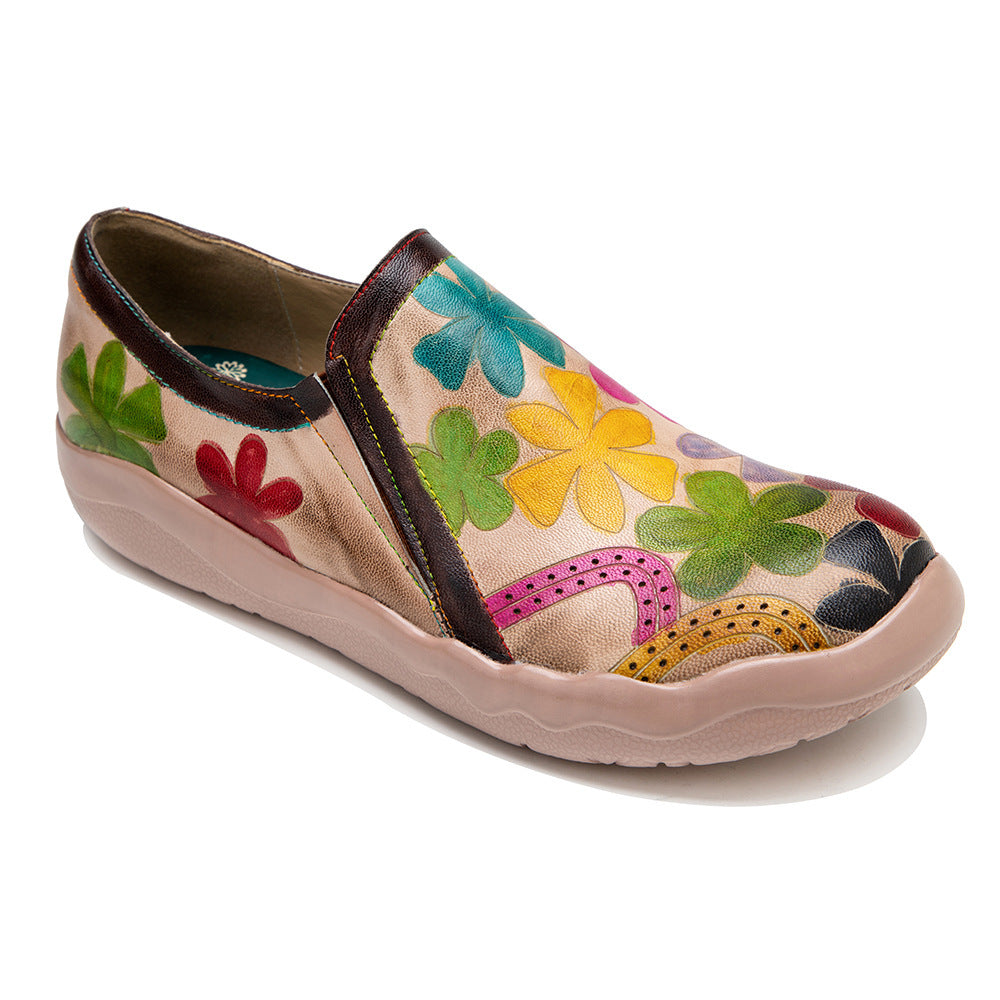 Zapatos de mujer con suela ligera, retro, hechos a mano y tacón plano con estampado vintage