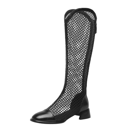 Women's Chunky Heel Square Toe Mesh Tall Boots Back Zip