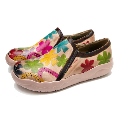 Zapatos de mujer con suela ligera, retro, hechos a mano y tacón plano con estampado vintage